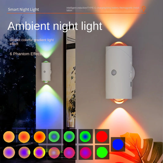 RGB Gradient LED Night Light with Motion Sensor Wall Lamp Rechargeable Ambient Light Dimmable Indoor Lights Magnetic Step Lamp